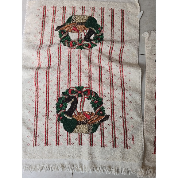 Lot of 3 Vtg MCM Cannon Christmas Duck Deer 100% Cotton USA Fringe Hand Towels - Picture 3 of 6